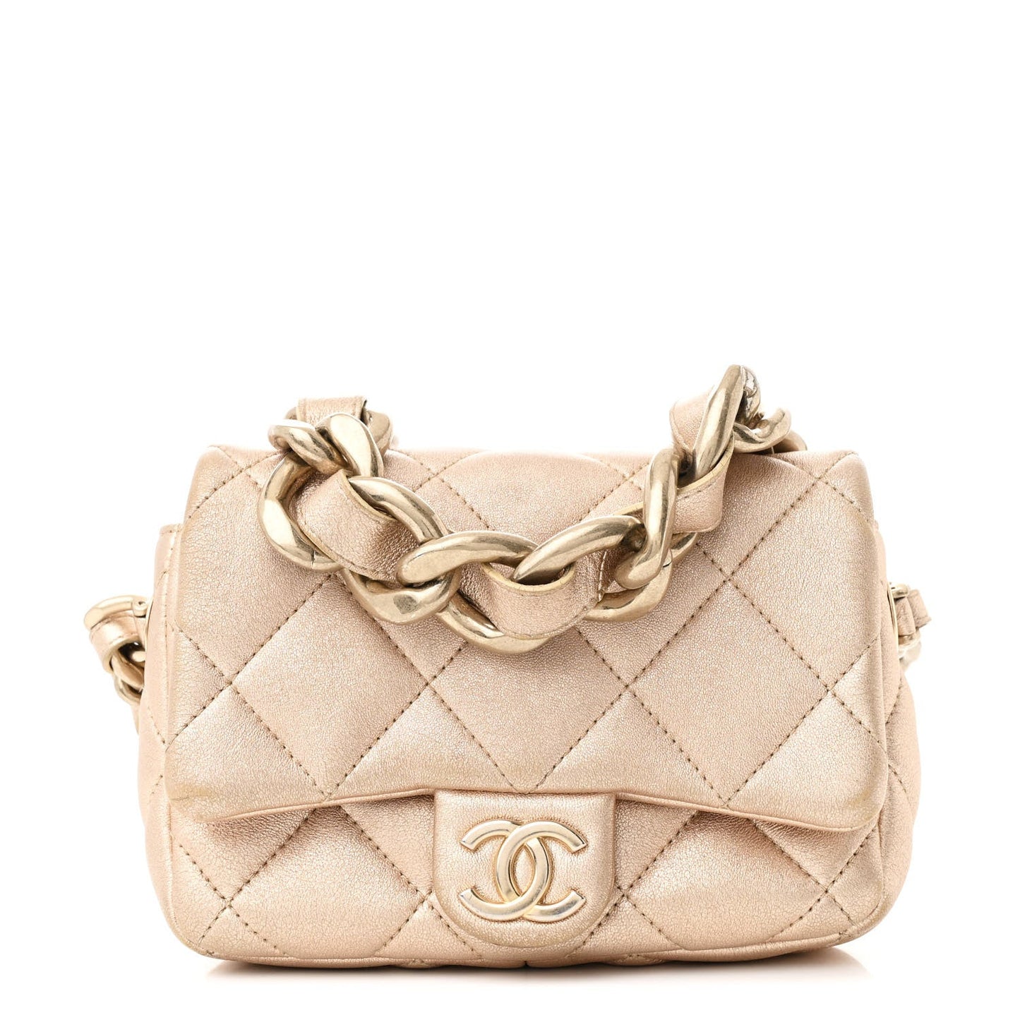 Metallic Lambskin Quilted Mini Lacquered Chain Flap Gold