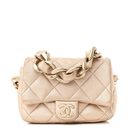 Metallic Lambskin Quilted Mini Lacquered Chain Flap Gold