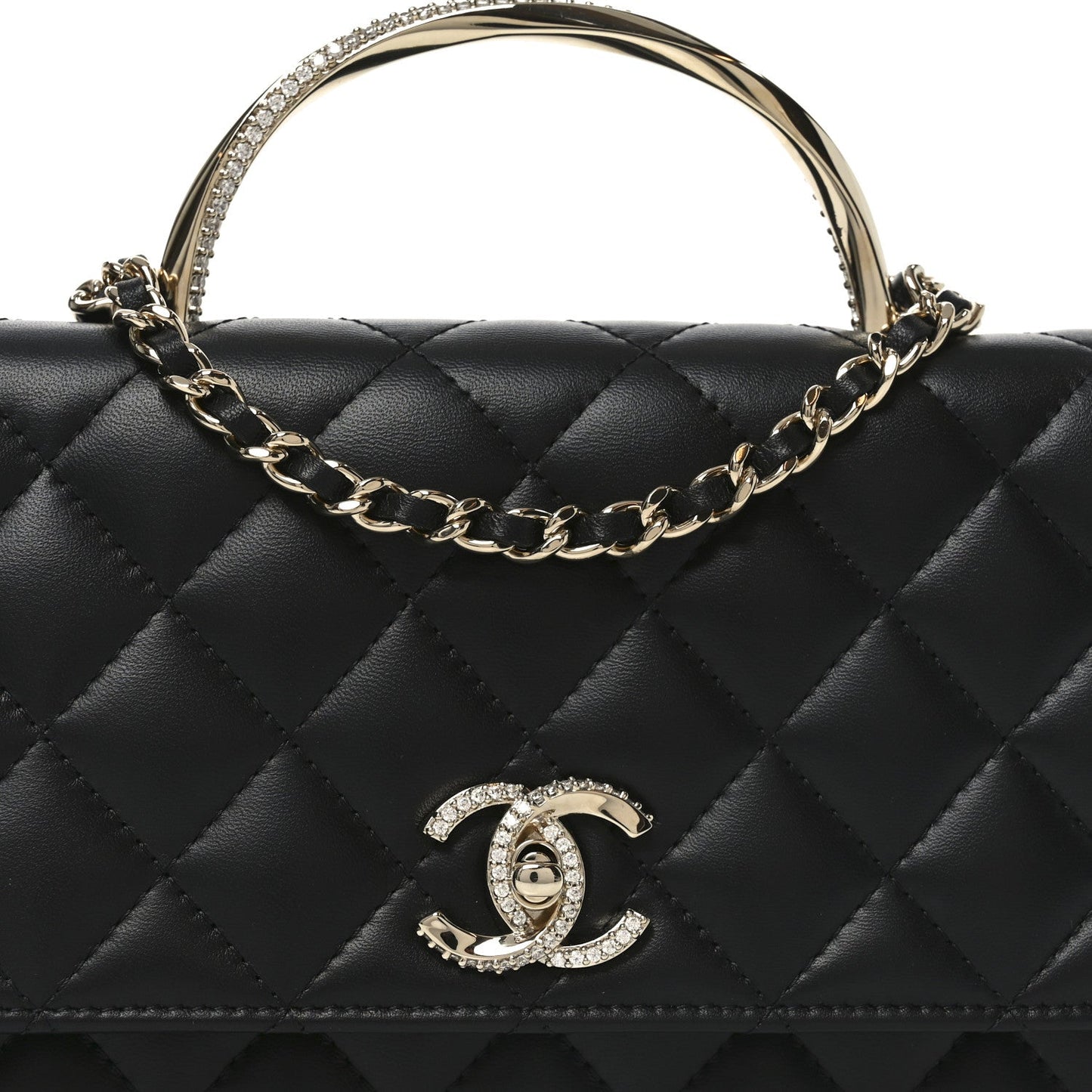 Lambskin Quilted Crystal Handle Wallet On Chain WOC Black