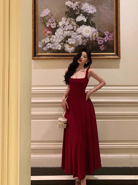 A line Burgundy Prom Gown Party Dresses