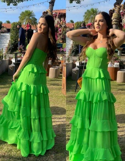 Sweetheart Green A Line Prom Dresses Floor Length Ruffles Evening Gown