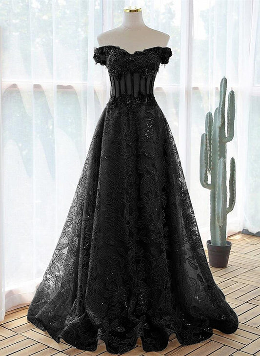 A-line Black Off Shoulder Long Lace Party Dress, Off Shoulder Prom Dress