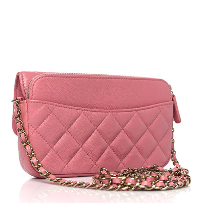 Caviar Quilted Flap Phone Holder With Chain Pink