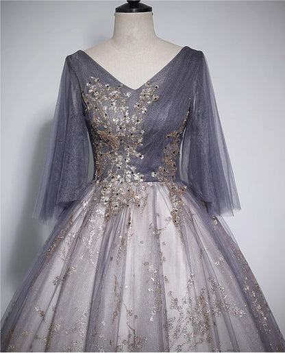 Beautiful Tulle V-neckline Long Formal Dress, Tulle Lace Applique Party Dress