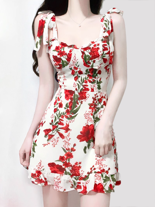 2025 Summer New French High Waist Holiday Red Floral Sling Short Dress R0961