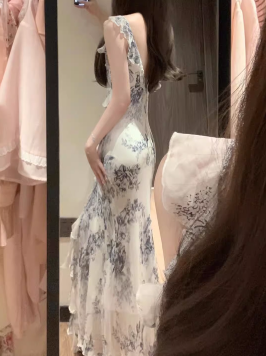 Ink painting suspender dress new style high-end feeling super beautiful tea break French long skirt R0463