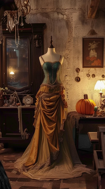 A sexy ball gown with a gray-green halter top and a long brown skirt R8123