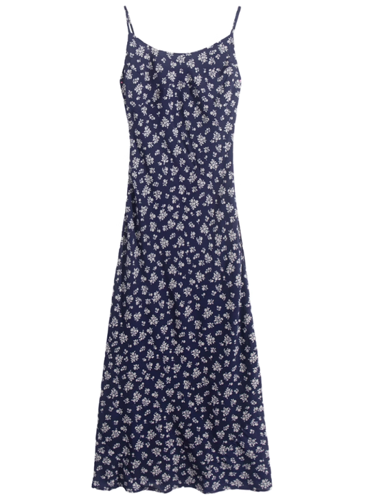 2025 Summer New Blue Floral Retro Backless Waist Long Suspender Dress R0909