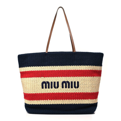 Raffia Crochet Stripe Tote Natural Blue