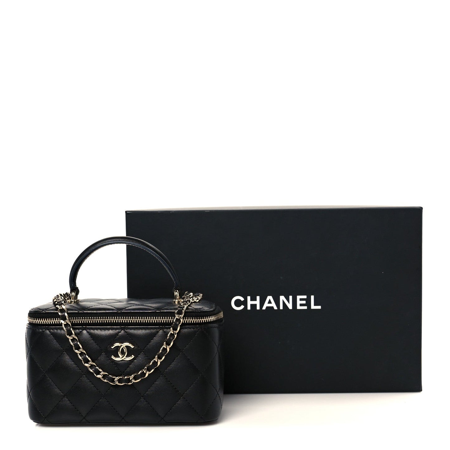 Lambskin Quilted Small Top Handle Vanity Case With Chain Black