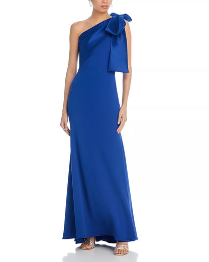 One shoulder satin sleeveless off shoulder bow and floor length evening dress