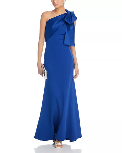 One shoulder satin sleeveless off shoulder bow and floor length evening dress