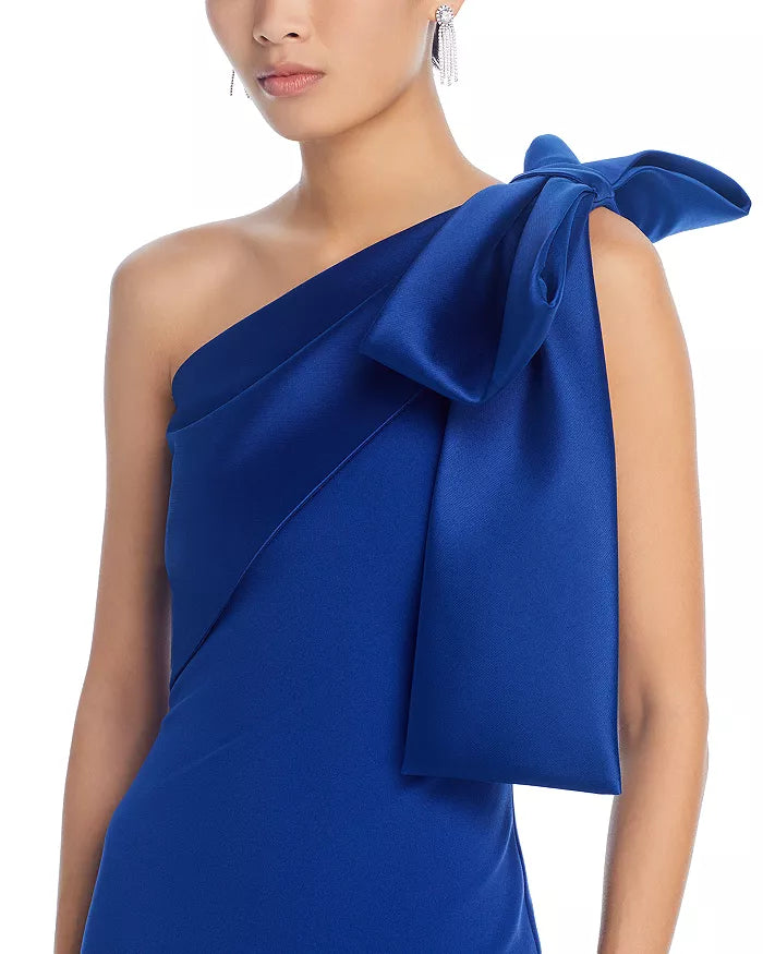 One shoulder satin sleeveless off shoulder bow and floor length evening dress