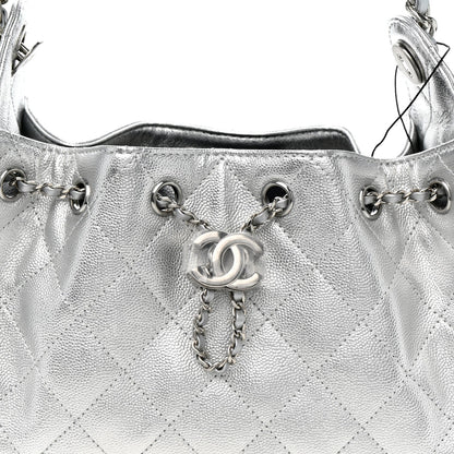 Metallic Caviar Quilted Mini Chanel 25 Handbag Silver