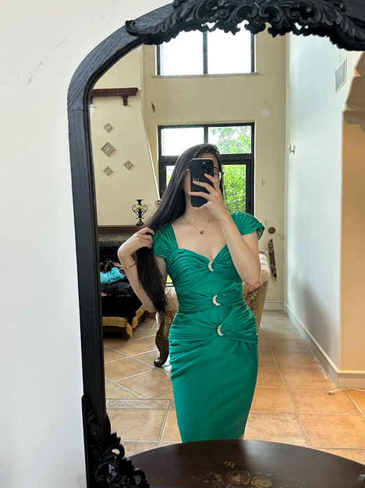 Green square neckline fitted waist slim hip sexy ball gown R8061