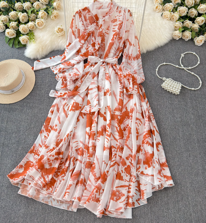French elegant dress spring dress with bow tie collar slim fit long swing chiffon holiday dress R0351