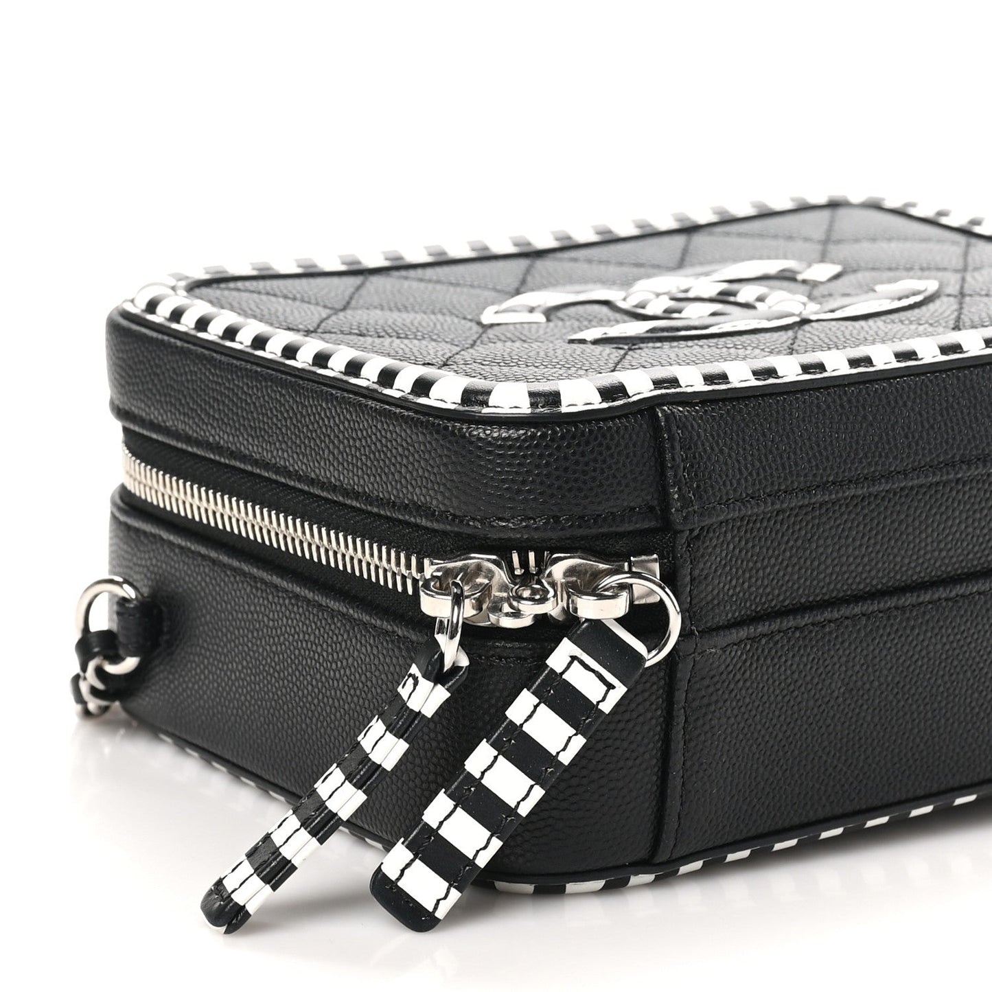 Caviar Quilted Striped Small CC Filigree Vanity Case Black White