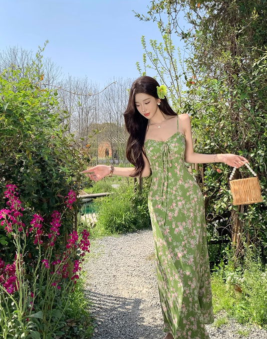 Green floral suspender dress beautiful waist A-line long skirt R0601