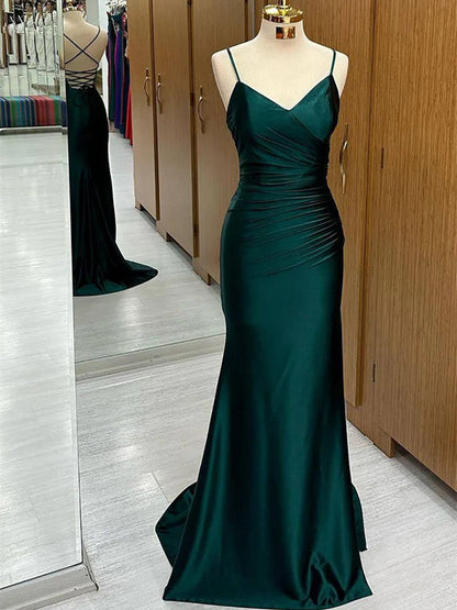Green Satin V-neckline Mermaid Straps Evening Gown, Green Satin Prom Dress