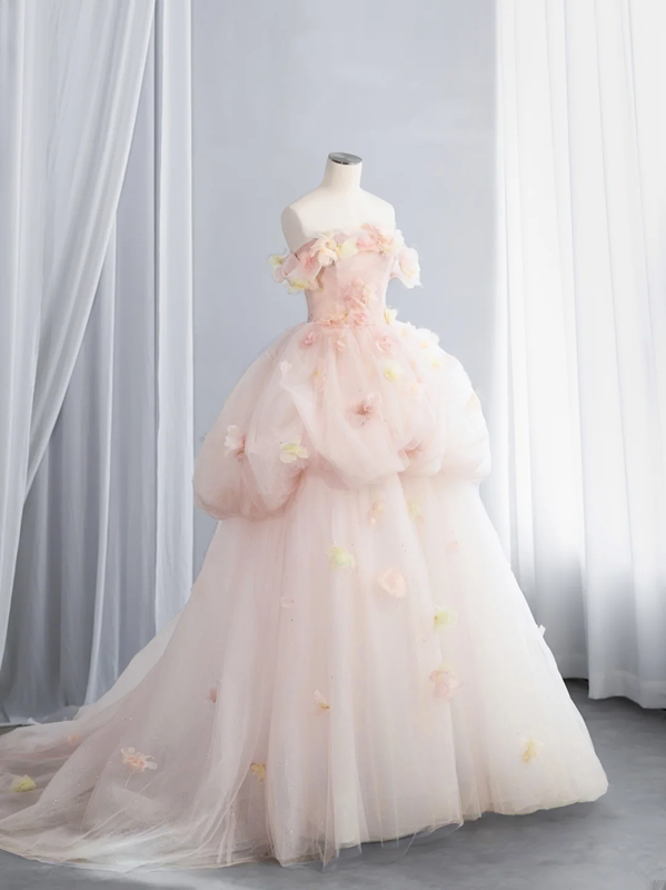 Light pink strapless, fitted waist, full skirt, long ball gown R8435
