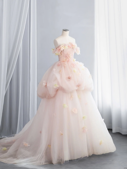 Light pink strapless, fitted waist, full skirt, long ball gown R8435