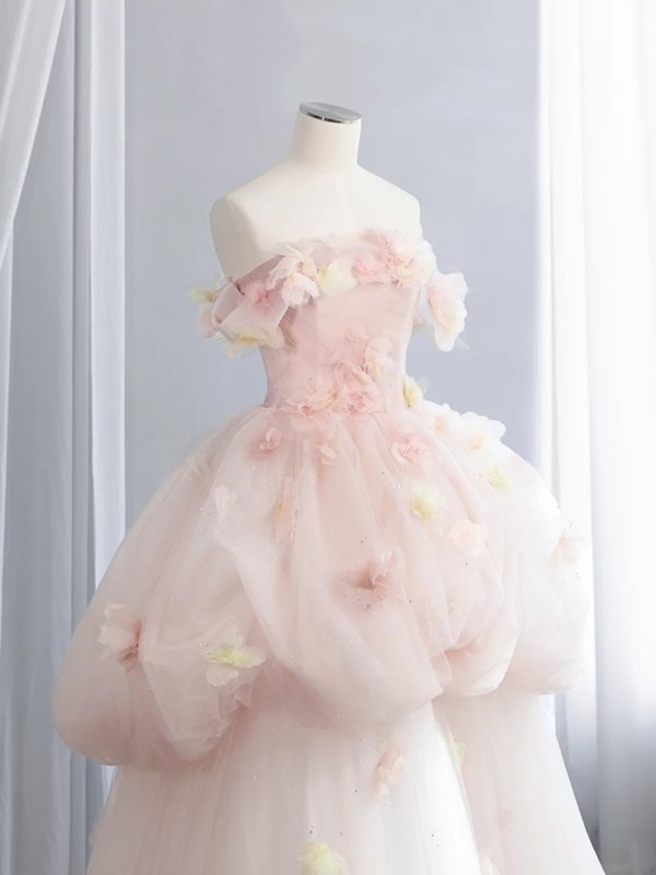 Light pink strapless, fitted waist, full skirt, long ball gown R8435