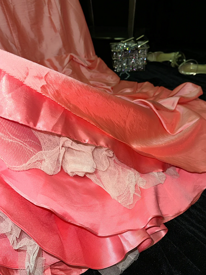 Pink strapless, fitted waist, alluring and sexy long ball gown R6939