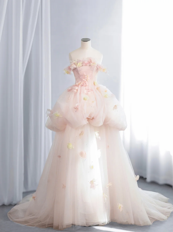 Light pink strapless, fitted waist, full skirt, long ball gown R8435