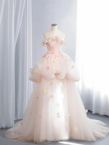Light pink strapless, fitted waist, full skirt, long ball gown R8435