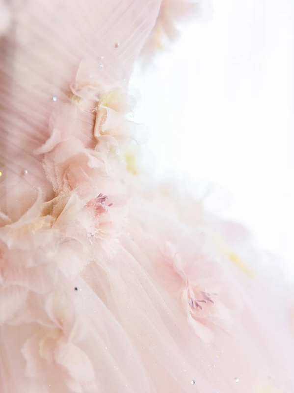 Light pink strapless, fitted waist, full skirt, long ball gown R8435