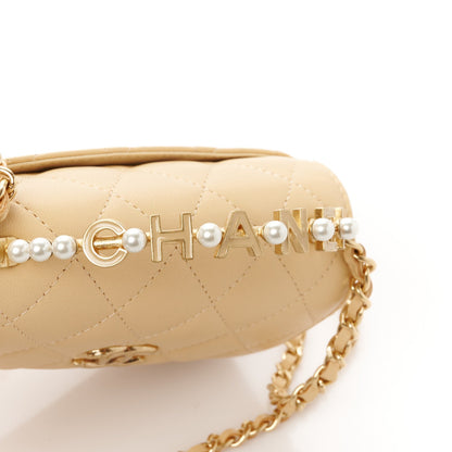 Lambskin Quilted Pearl Top Handle Flap With Chain Beige