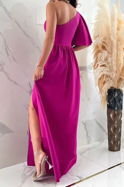 Sexy and elegant solid color patchwork slit with diagonal collar and straight leg evening dress