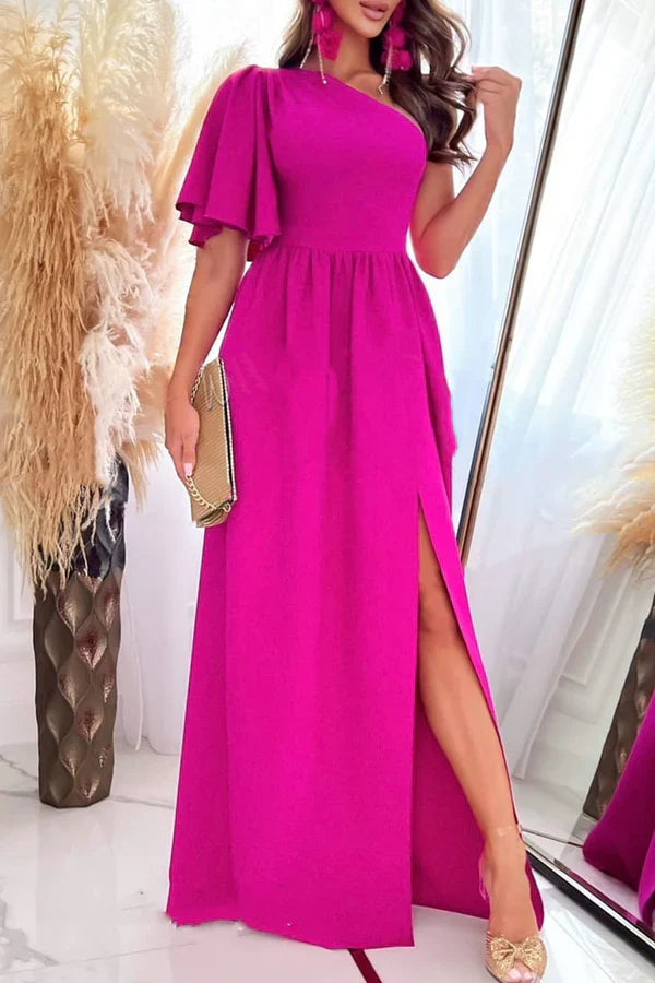 Sexy and elegant solid color patchwork slit with diagonal collar and straight leg evening dress