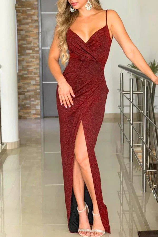 Sexy party solid color slit pleated sequin V-neck strap evening dress