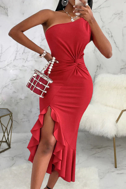 Sexy solid color patchwork with ruffled edges on one shoulder irregular evening dress