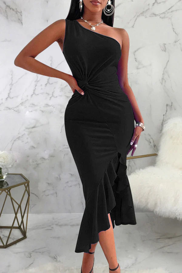 Sexy solid color patchwork with ruffled edges on one shoulder irregular evening dress