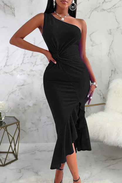 Sexy solid color patchwork with ruffled edges on one shoulder irregular evening dress