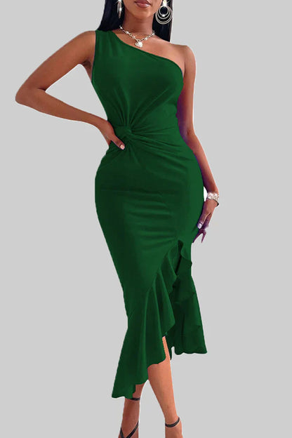 Sexy solid color patchwork with ruffled edges on one shoulder irregular evening dress