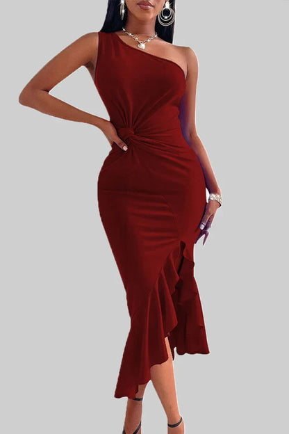 Sexy solid color patchwork with ruffled edges on one shoulder irregular evening dress
