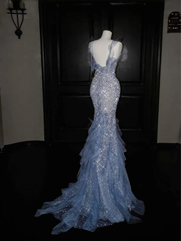 Light blue suspender sequined waist slim hip long skirt, prom dress R5630