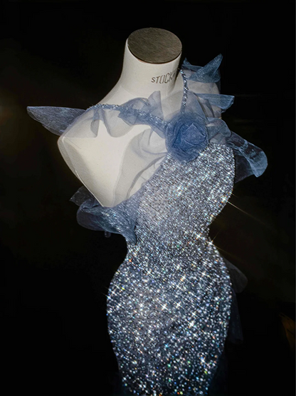 Light blue suspender sequined waist slim hip long skirt, prom dress R5630