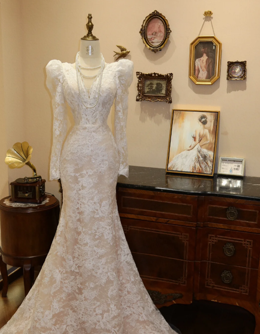 Lace Long Sleeves Wedding Dress White Modest Wedding Gowns