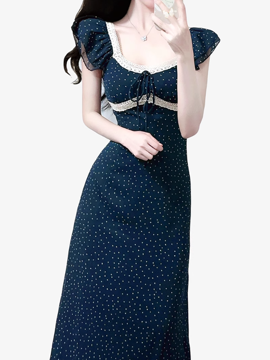 2025 Summer New Navy Retro Polka Dot French Square Neck Short Sleeve Long Dress R0927