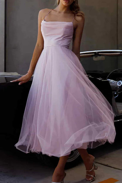 Sweet and Elegant Solid Color Mesh Asymmetric Collar Sleeveless Evening Dress