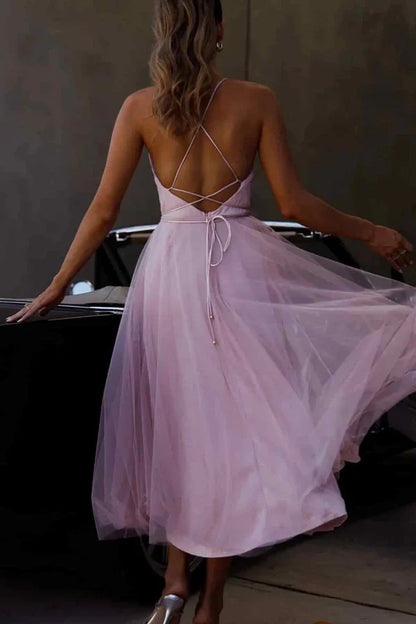Sweet and Elegant Solid Color Mesh Asymmetric Collar Sleeveless Evening Dress