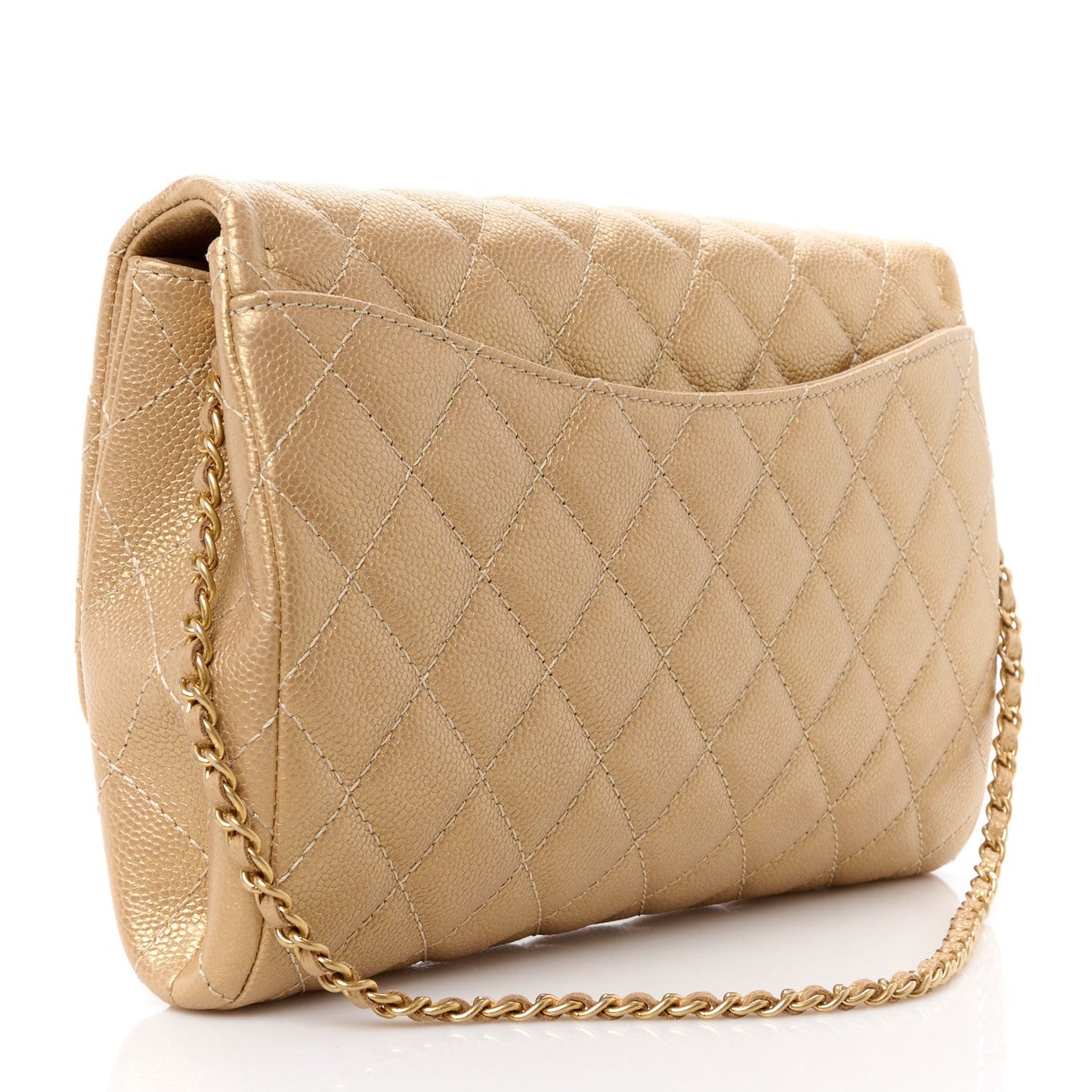 Metallic Caviar Quilted Clutch With Chain Flap Gold