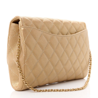 Metallic Caviar Quilted Clutch With Chain Flap Gold