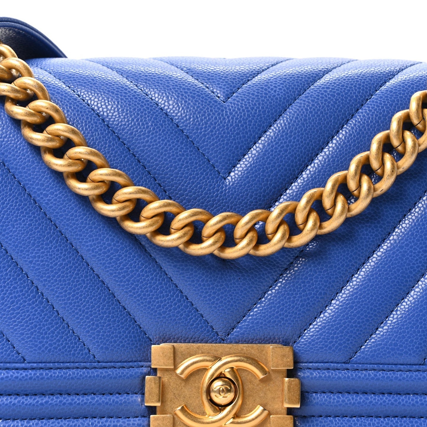 Caviar Chevron Quilted Medium Boy Flap Dark Blue