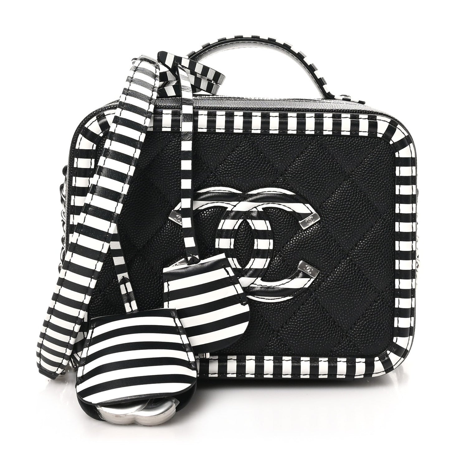 Caviar Quilted Striped Small CC Filigree Vanity Case Black White