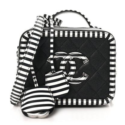 Caviar Quilted Striped Small CC Filigree Vanity Case Black White